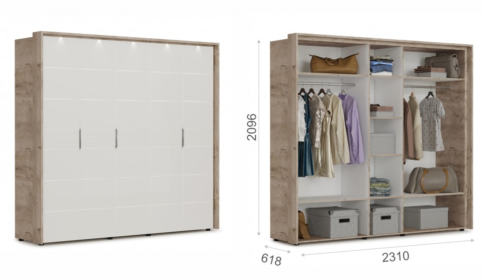 Распашной шкаф Джулия 5дв (без зерк) с порталом Крафт серый/белый глянец - фото 1