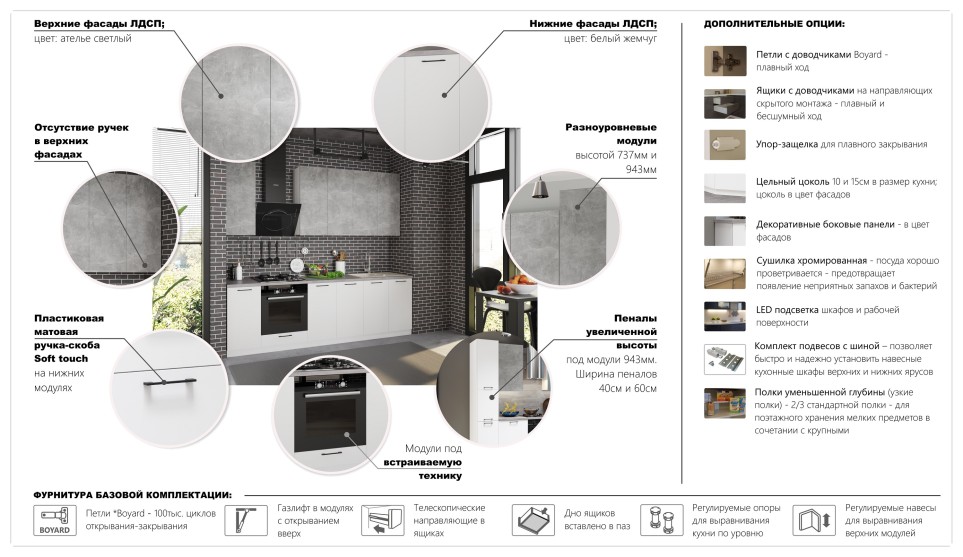 Модульная кухня Равенна Сити  Ателье светлый/белый жемчуг - фото 2