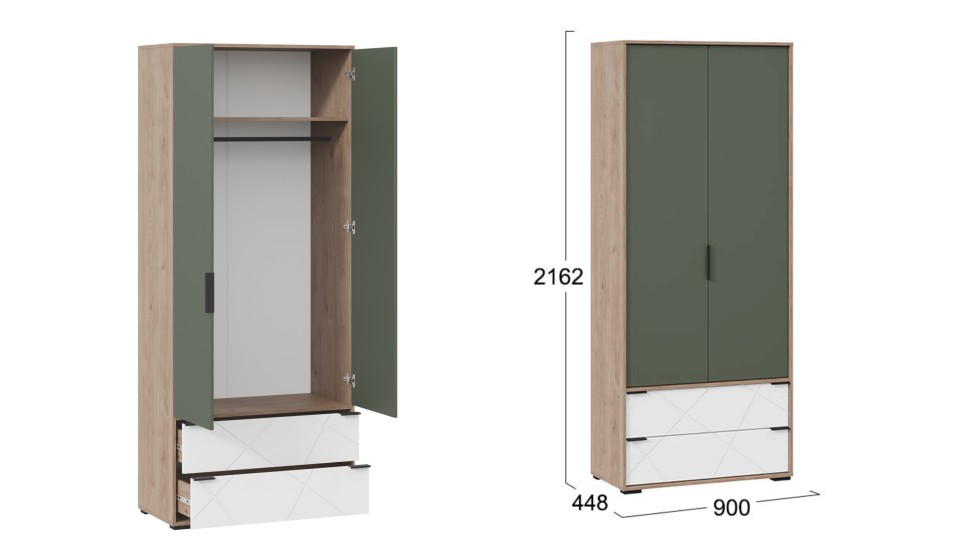 Шкаф для одежды Лео комбинированный 2ящ.2дв. Гикори джексон/Белый мат/Дымчат. зелёный - фото 2